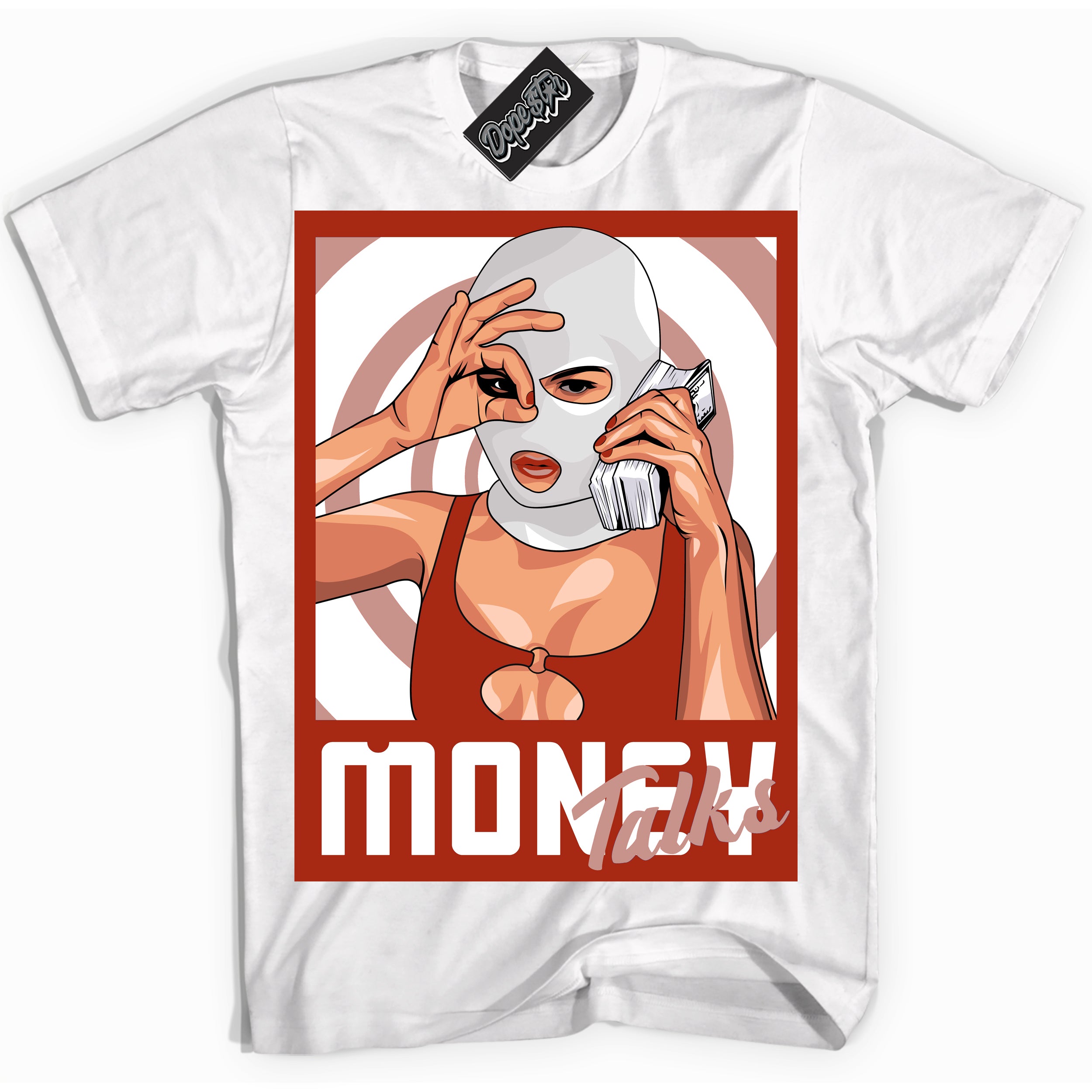 Cool White Shirt with “ Money Talks ” design that perfectly matches Red Stardust Dunk.
