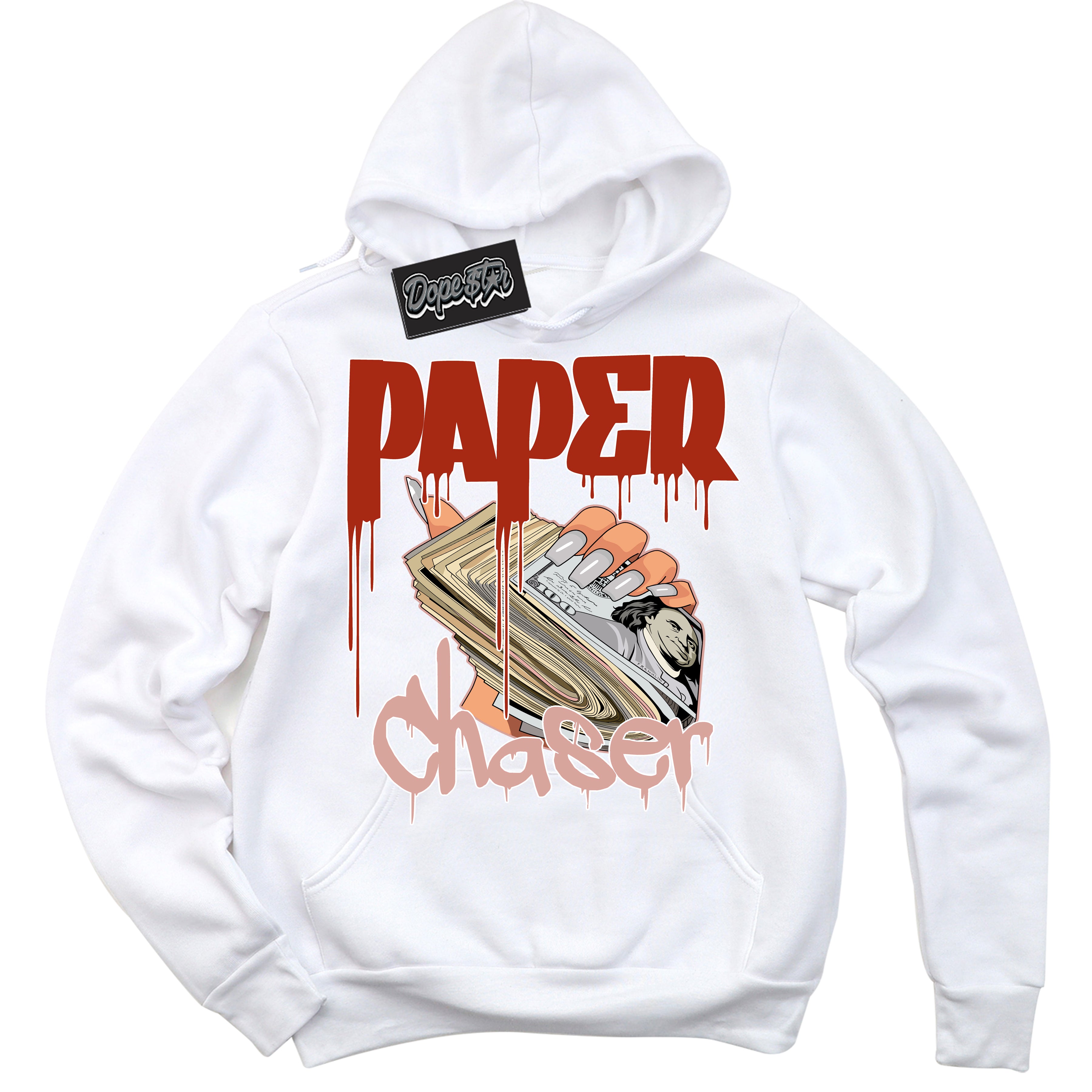 Cool White Hoodie with “ Paper Chaser ”  design that Perfectly Matches Red Stardust Dunk.

