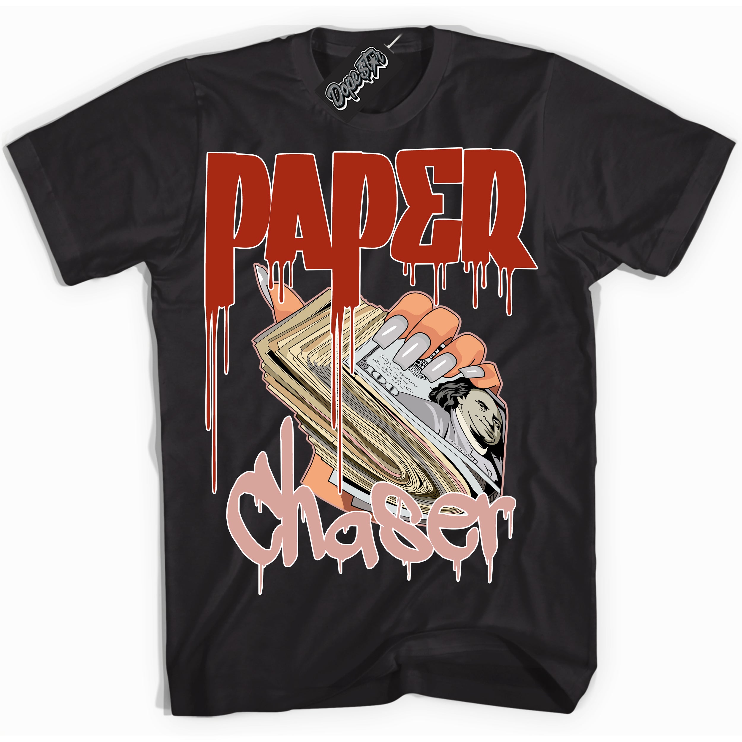 Cool Black Shirt with “ Paper Chaser ” design that perfectly matches Red Stardust Dunk.
