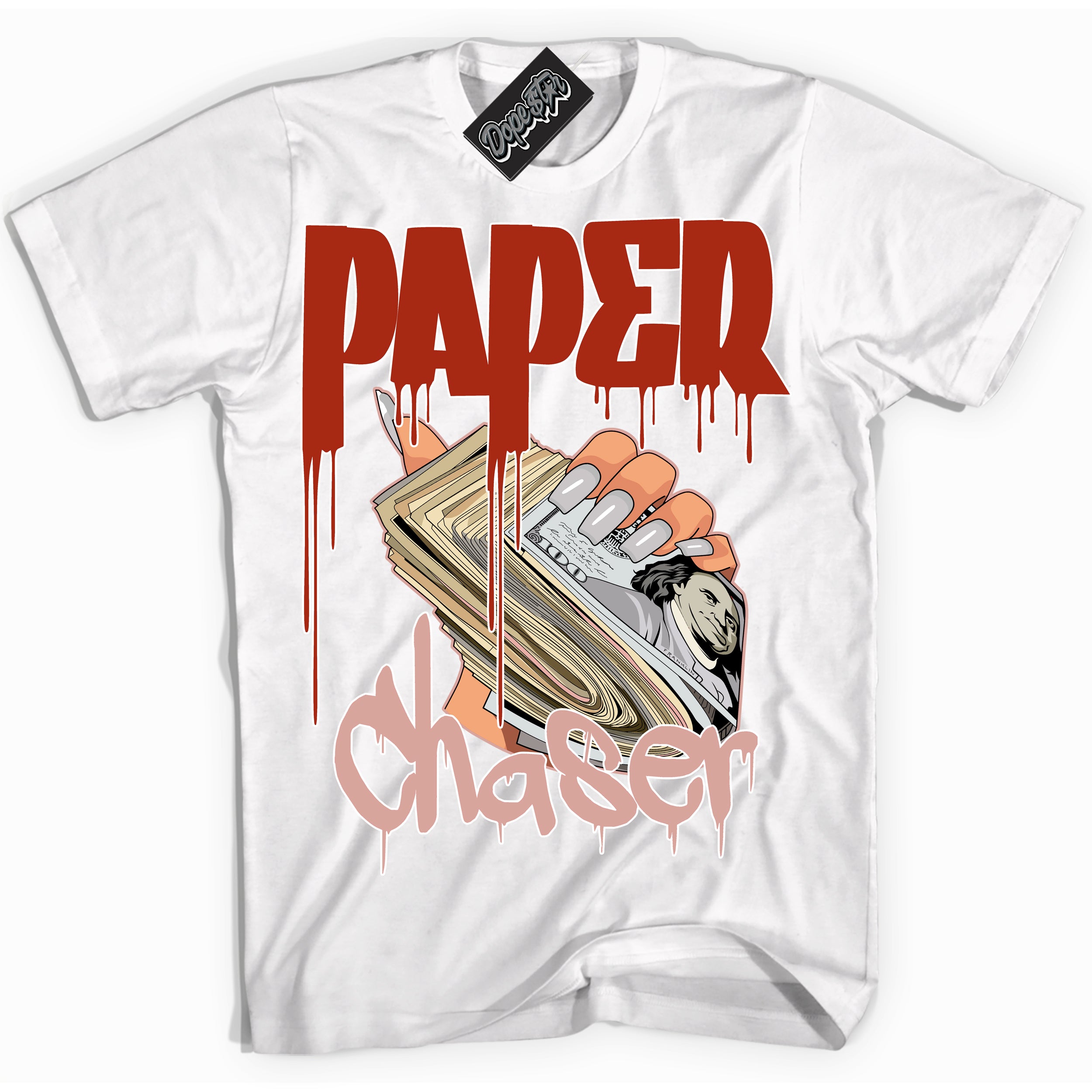 Cool White Shirt with “ Paper Chaser ” design that perfectly matches Red Stardust Dunk.
