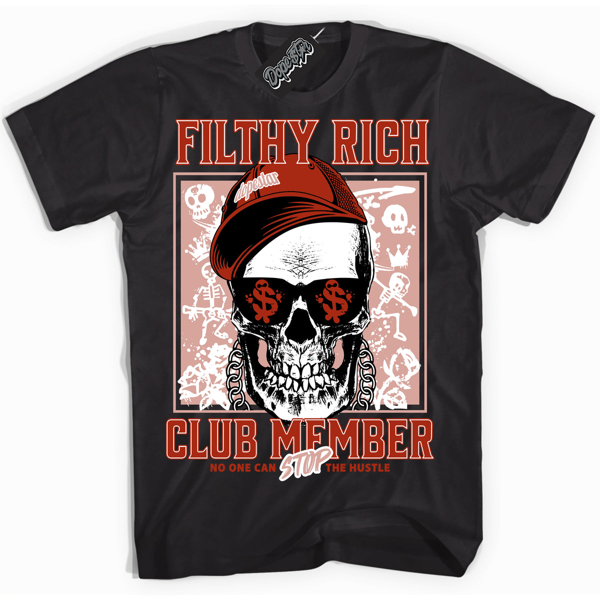 Cool Black Shirt with “ Filthy Rich” design that perfectly matches Red Stardust Dunk Sneakers.
