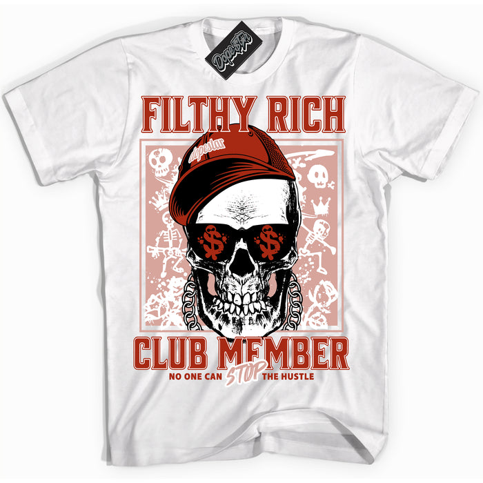 Cool White Shirt with “ Filthy Rich” design that perfectly matches Red Stardust Dunk Sneakers.