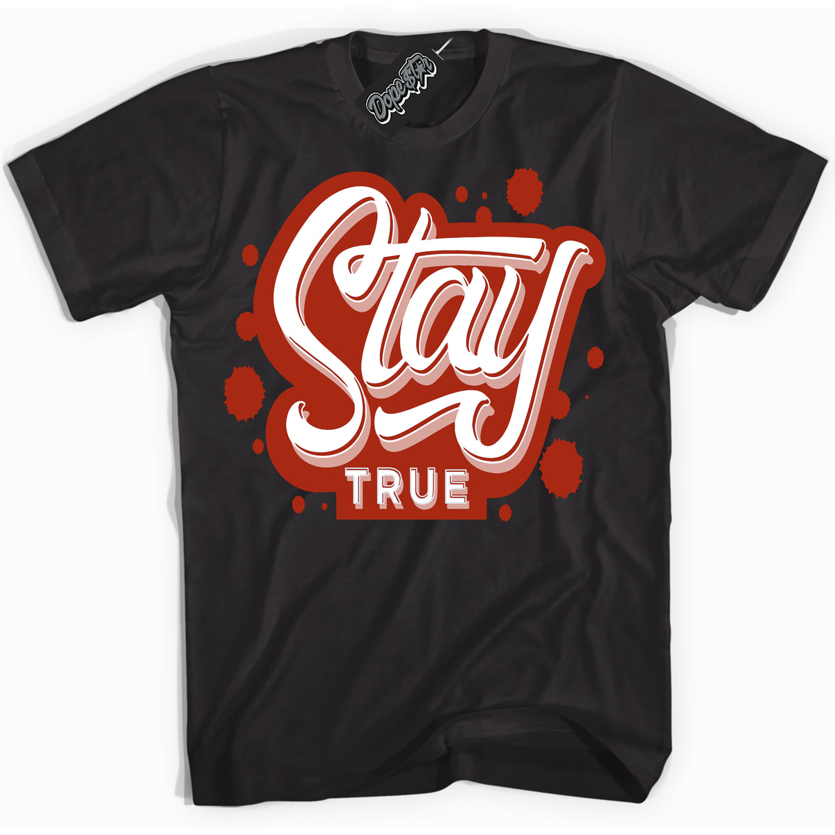 Cool Black Shirt with “ Stay True ” design that perfectly matches Red Stardust Dunk.

