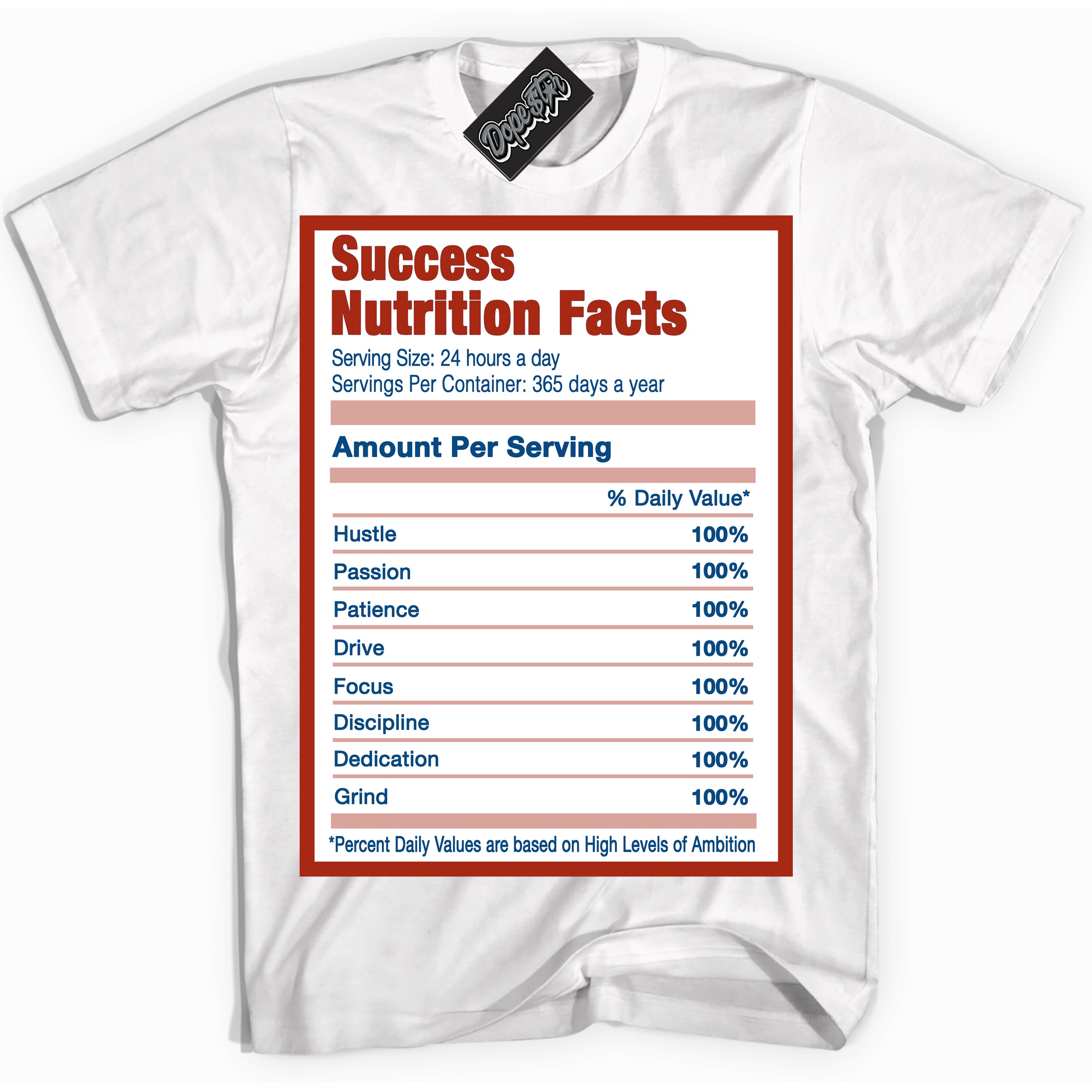 Cool White Shirt with “ Success Nutrition ” design that perfectly matches Red Stardust Dunk.
