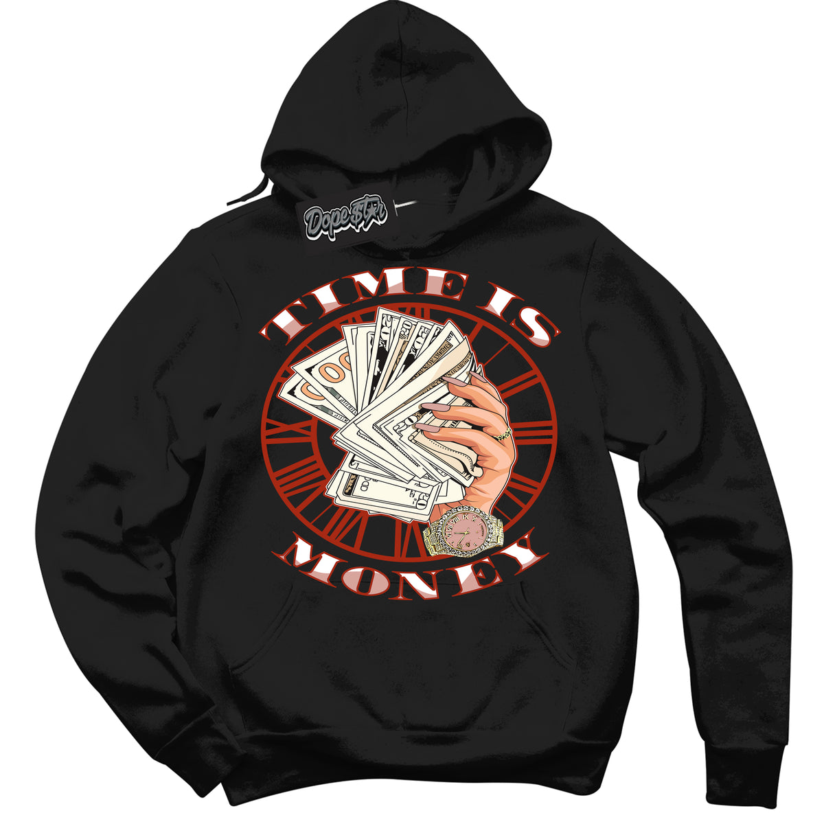 Cool Black Hoodie with “ Time Is Money ”  design that Perfectly Matches Red Stardust Dunk.
