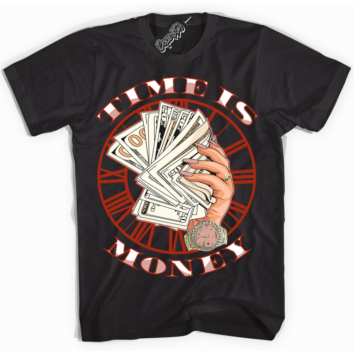 Cool Black Shirt with “ Time Is Money ” design that perfectly matches Red Stardust Dunk.
