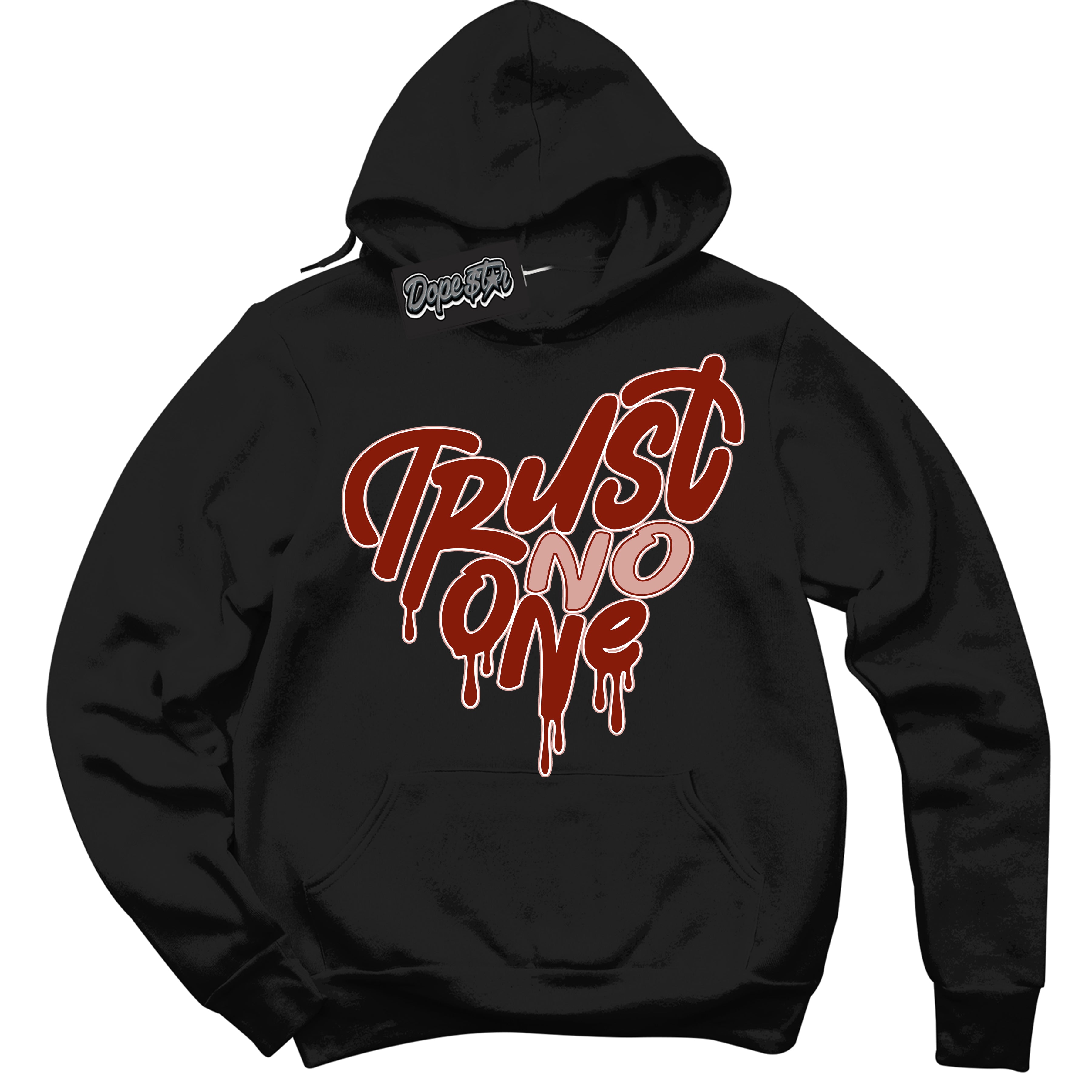 Cool Black Hoodie with “ Trust No One Heart ”  design that Perfectly Matches Red Stardust Dunk.
