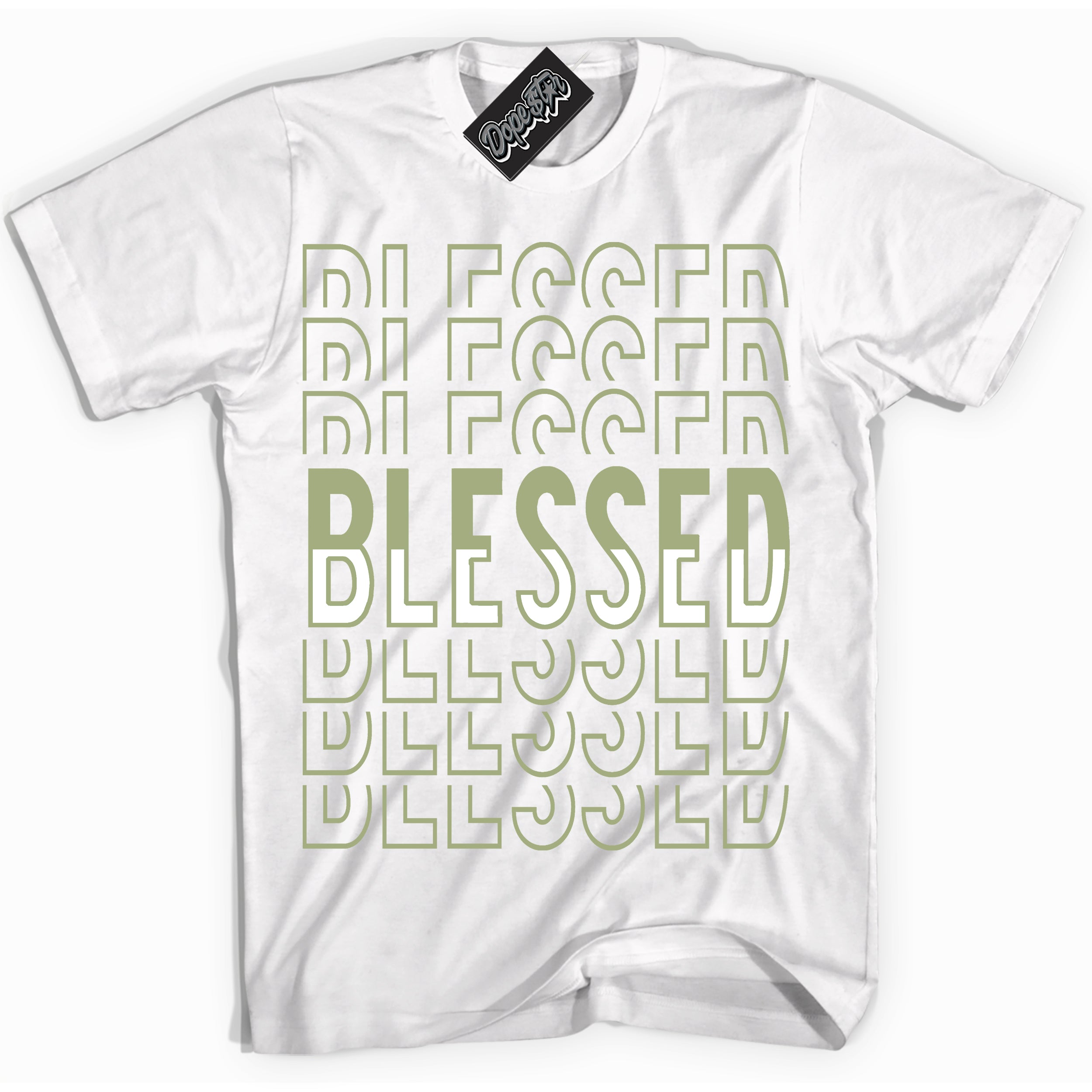 Cool White Shirt with “ Blessed Stacked ” design that perfectly matches Safari Oil Green Dunk.
