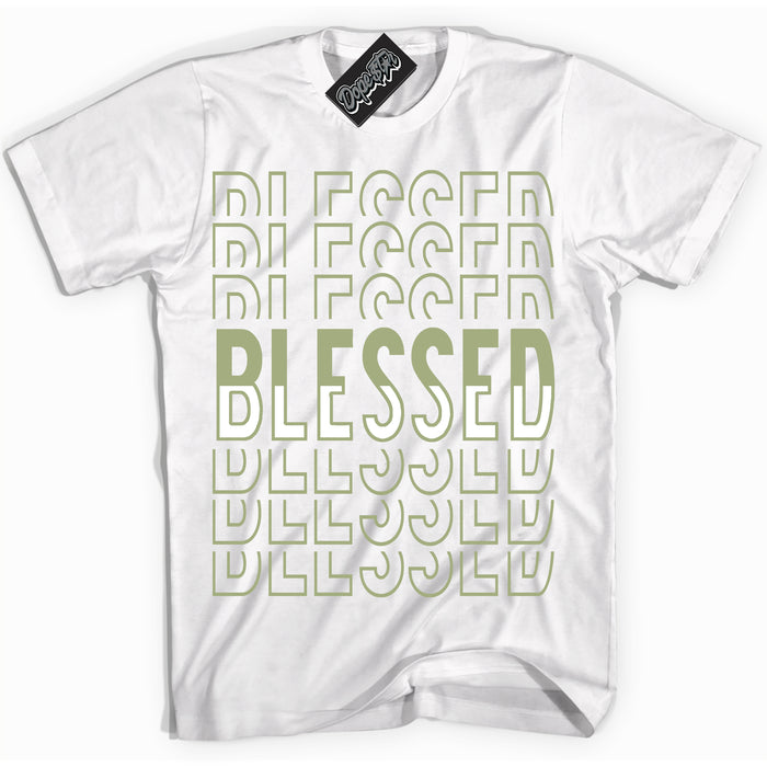 Cool White Shirt with “ Blessed Stacked ” design that perfectly matches Safari Oil Green Dunk.
