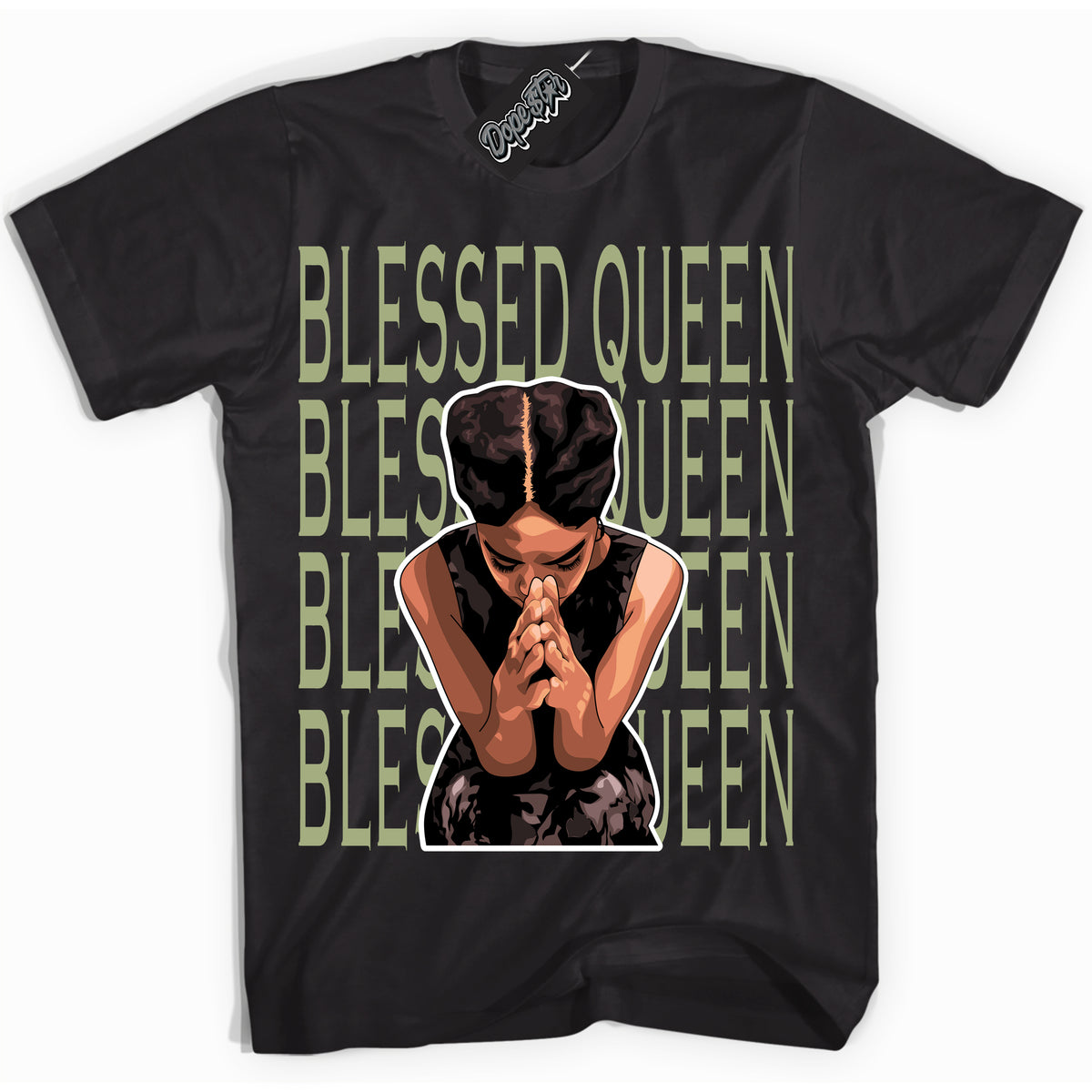 Cool Black Shirt with “ Blessed Queen ” design that perfectly matches Safari Oil Green Dunk.
