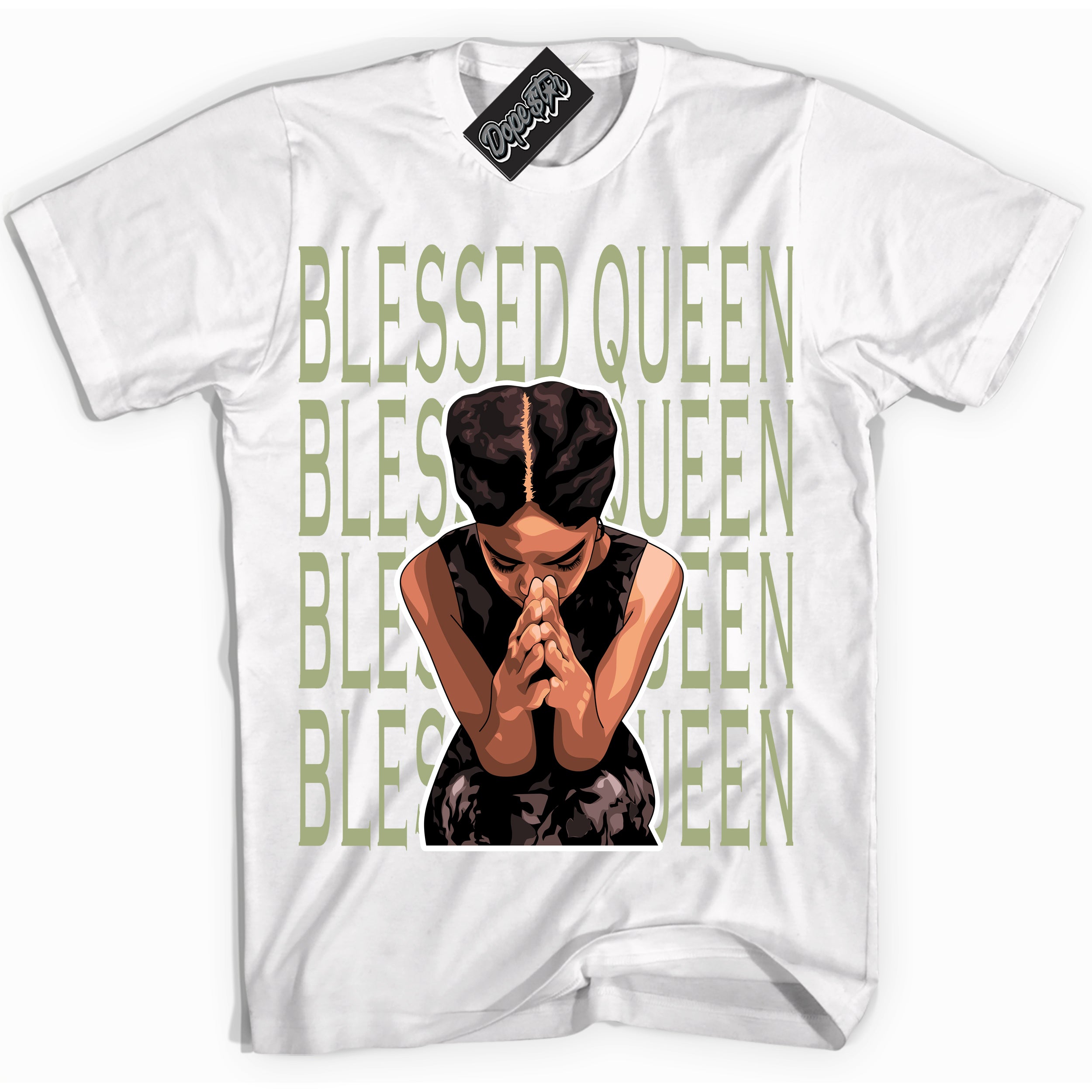 Cool White Shirt with “ Blessed Queen ” design that perfectly matches Safari Oil Green Dunk.
