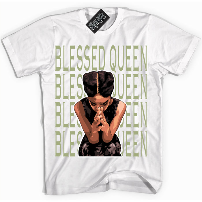 Cool White Shirt with “ Blessed Queen ” design that perfectly matches Safari Oil Green Dunk.
