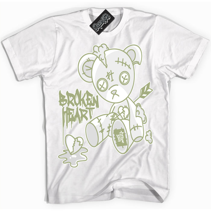 Cool White Shirt with “ Broken Heart Bear ” design that perfectly matches Safari Oil Green Dunk.