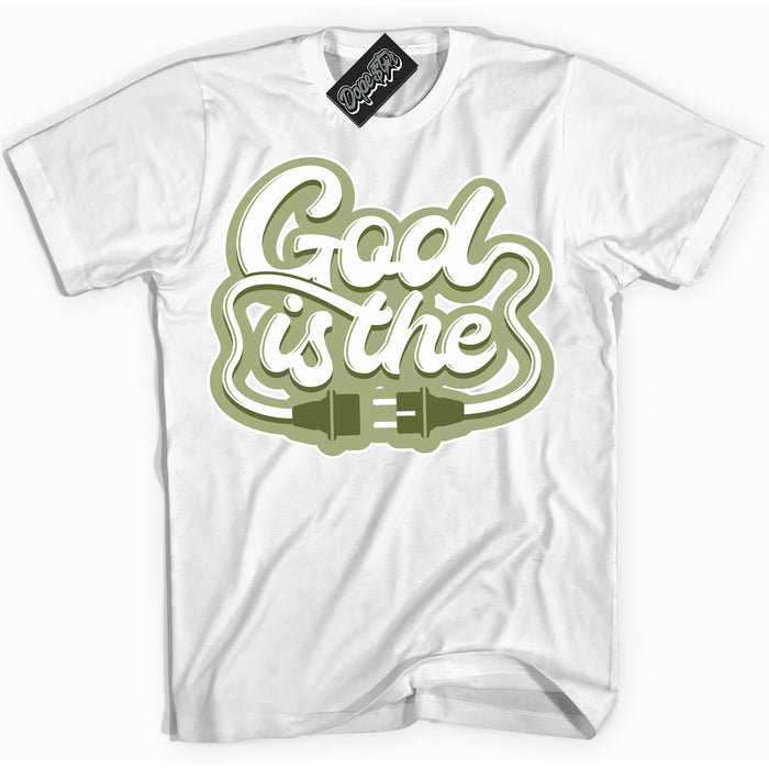 Cool White Shirt with “ God Is The ” design that perfectly matches Safari Oil Green Dunk.
