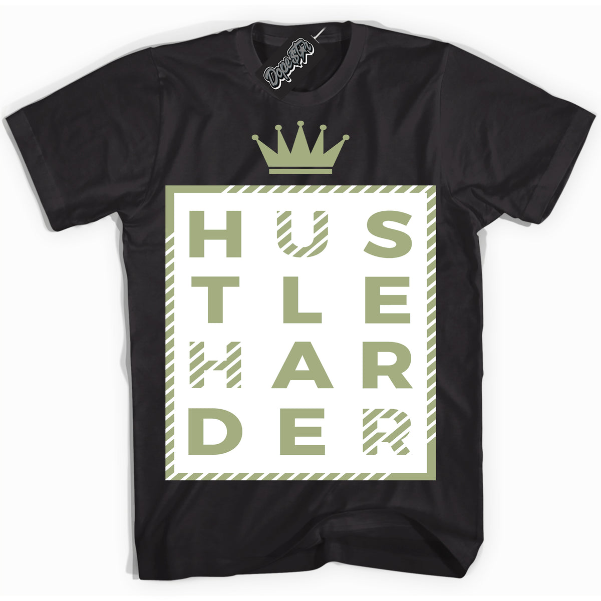 Cool Black Shirt with “ Hustle Harder ” design that perfectly matches Safari Oil Green Dunk.
