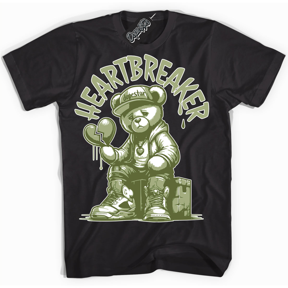 Cool Black Shirt with “ Heartbreaker Bear ” design that perfectly matches Safari Oil Green Dunk.

