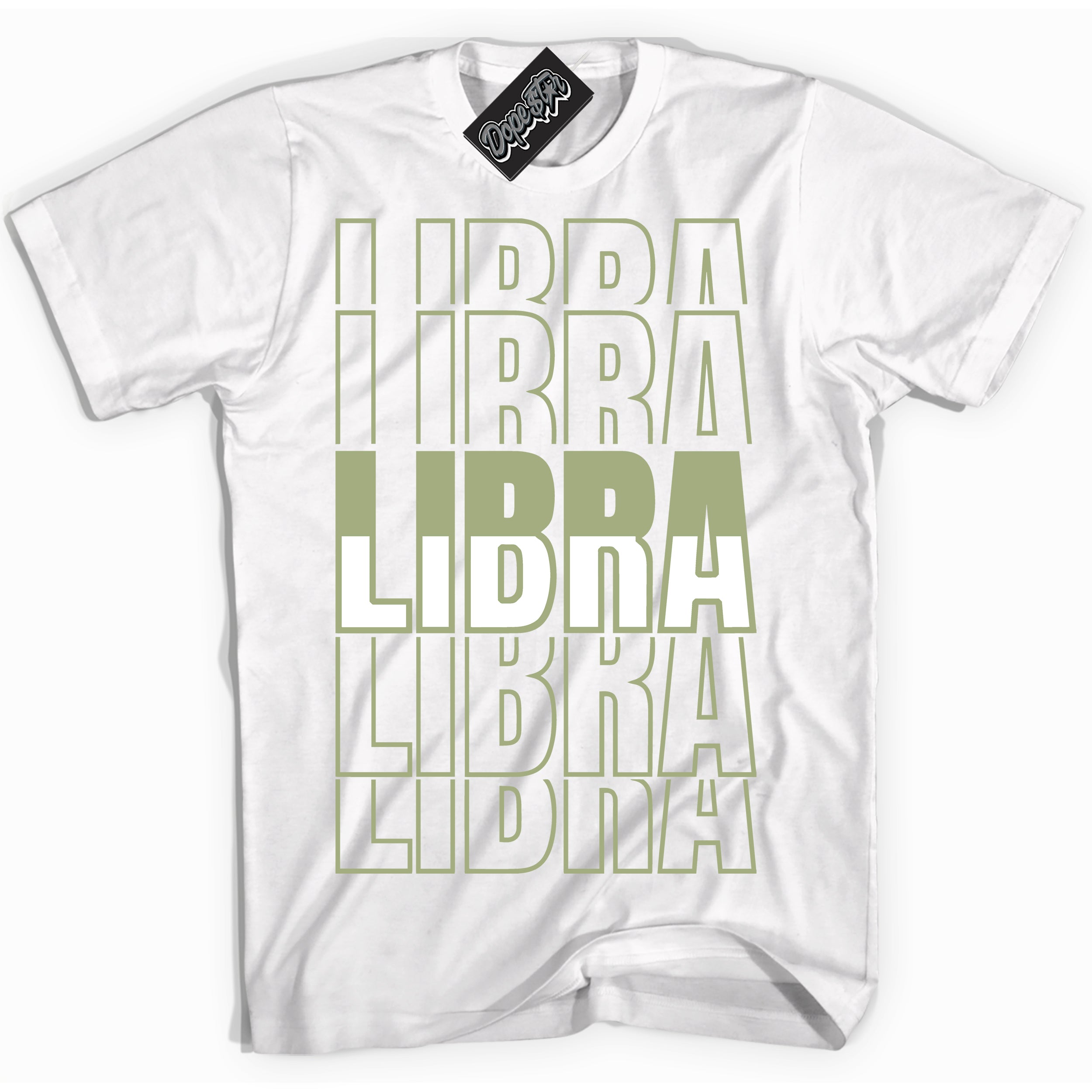 Cool White Shirt with “ Libra ” design that perfectly matches Safari Oil Green Dunk.

