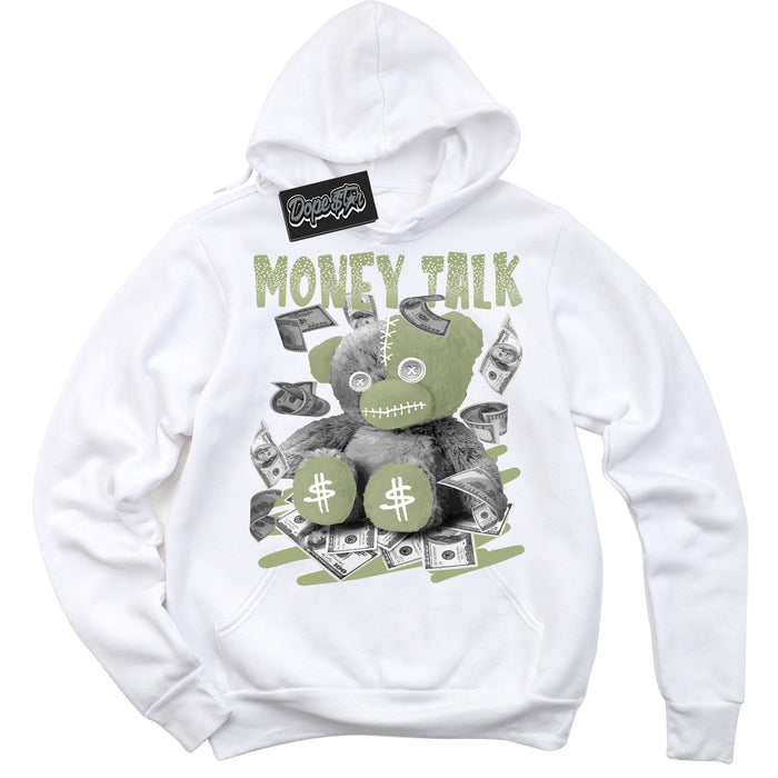 Cool White Hoodie with “ Money Talk Bear ”  design that Perfectly Matches Safari Oil Green Dunk.
