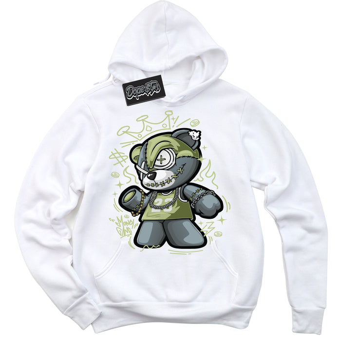 Cool White Hoodie with “ Money Gang Bear ”  design that Perfectly Matches Safari Oil Green Dunk.
