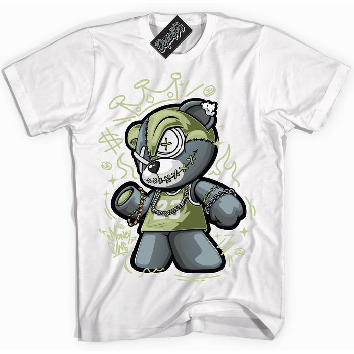 Cool White Shirt with “ Money Gang Bear ” design that perfectly matches Safari Oil Green Dunk.
