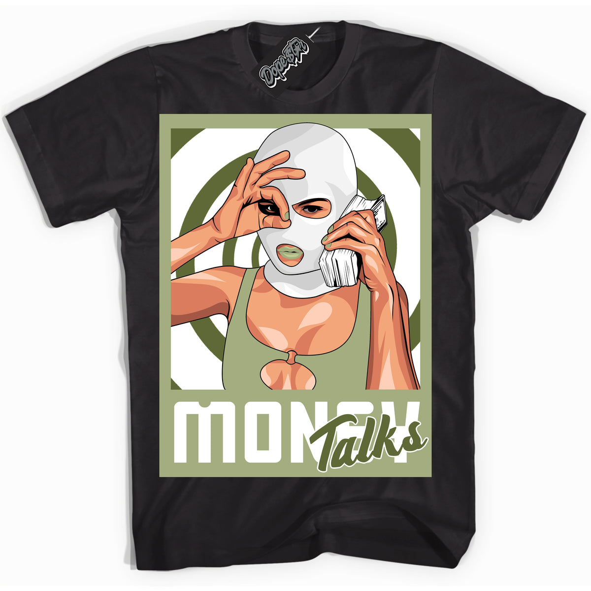 Cool Black Shirt with “ Money Talks ” design that perfectly matches Safari Oil Green Dunk.
