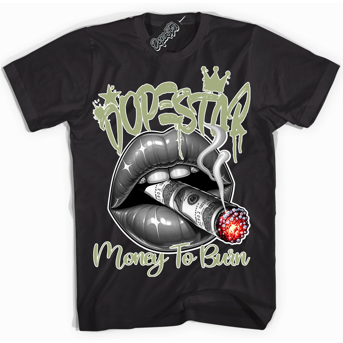 Cool Black Shirt with “ Money To Burn” design that perfectly matches Safari Oil Green Sneakers.