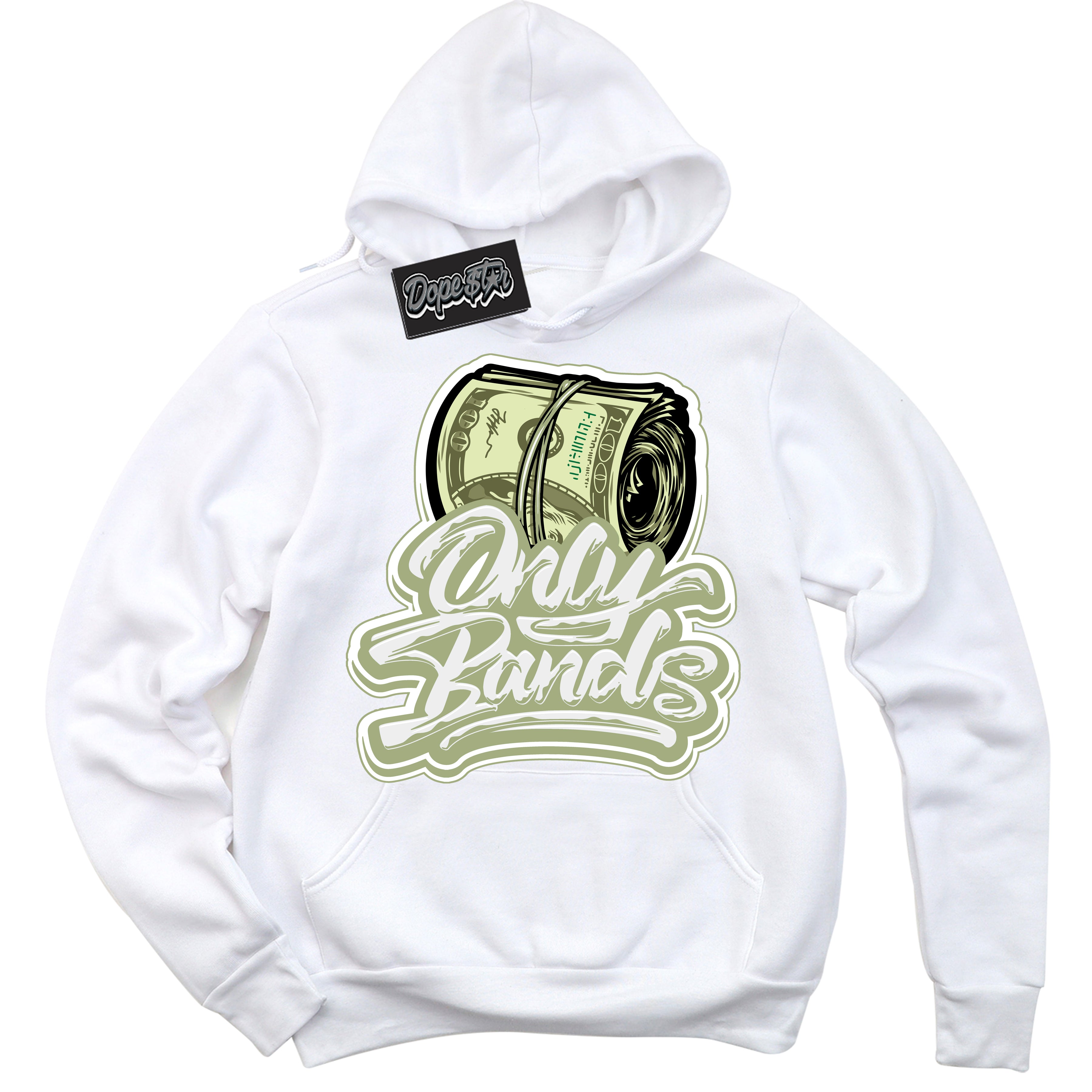 Cool White Hoodie with “ Only Bands ”  design that Perfectly Matches Safari Oil Green Dunk.
