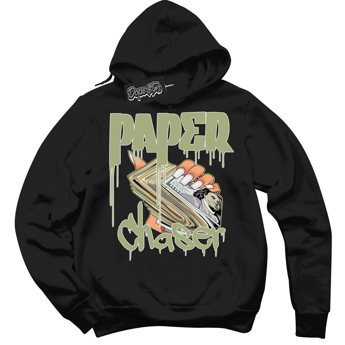 Cool Black Hoodie with “ Paper Chaser ”  design that Perfectly Matches Safari Oil Green Dunk.
