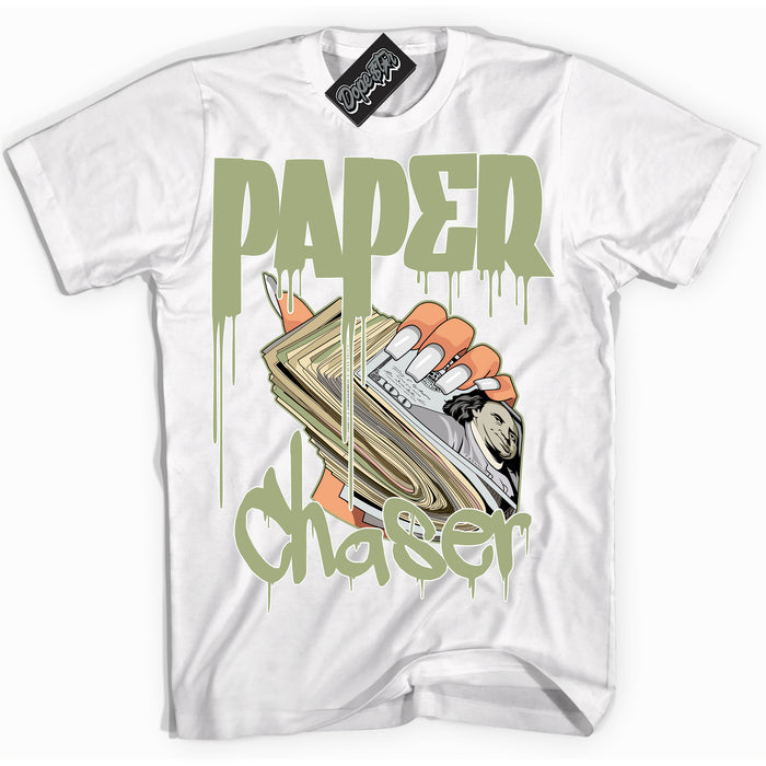 Cool White Shirt with “ Paper Chaser ” design that perfectly matches Safari Oil Green Dunk.
