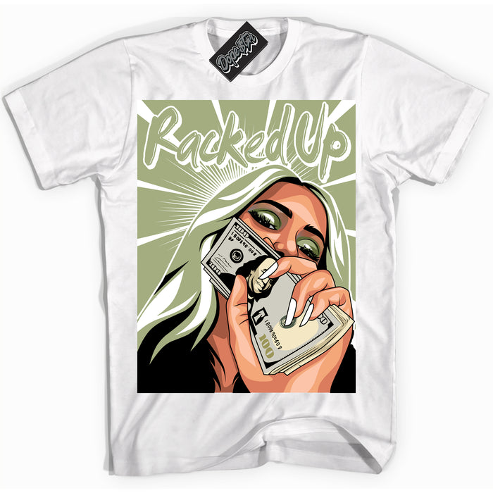 Cool White Shirt with “ Racked Up ” design that perfectly matches Safari Oil Green Dunk.
