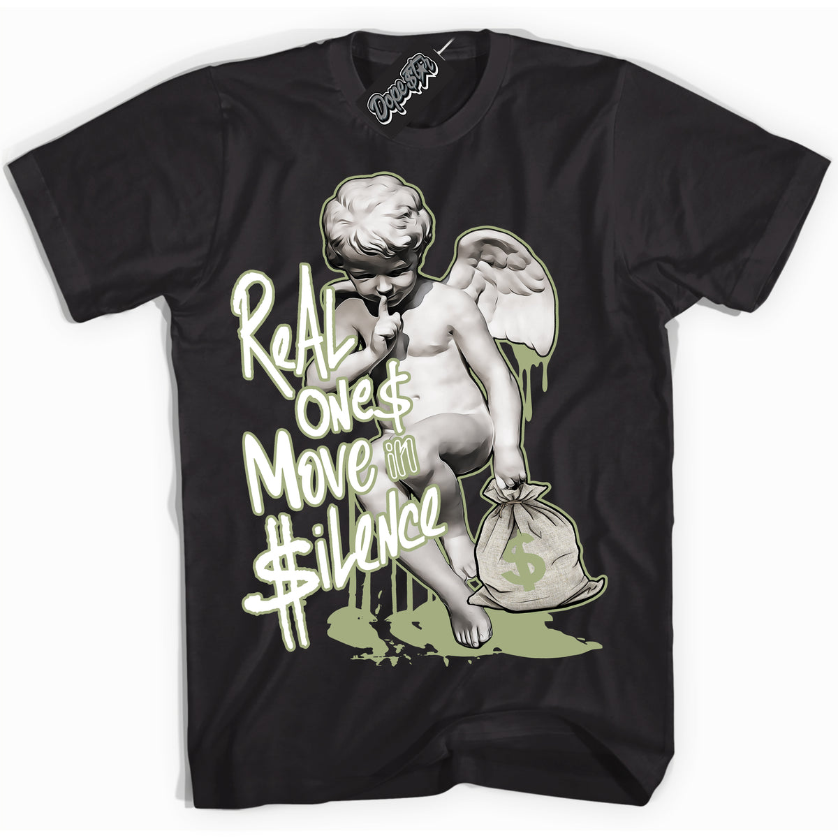 Cool Black Shirt with “ Real Ones Cherub ” design that perfectly matches Safari Oil Green Dunk.

