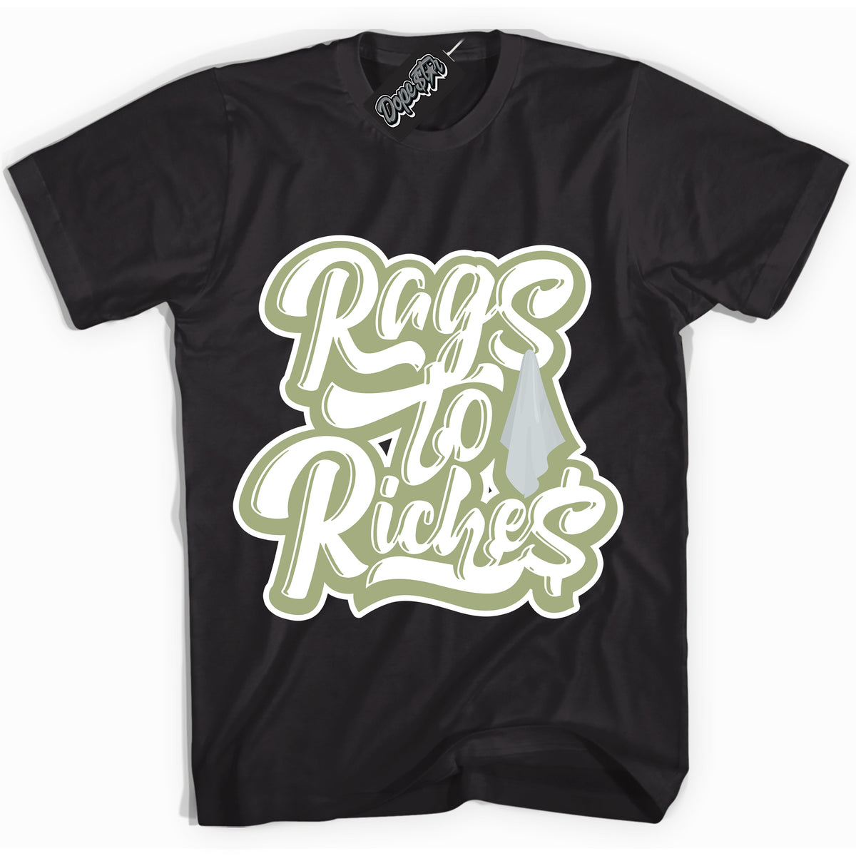Cool Black Shirt with “ Rags To Riches ” design that perfectly matches Safari Oil Green Dunk.
