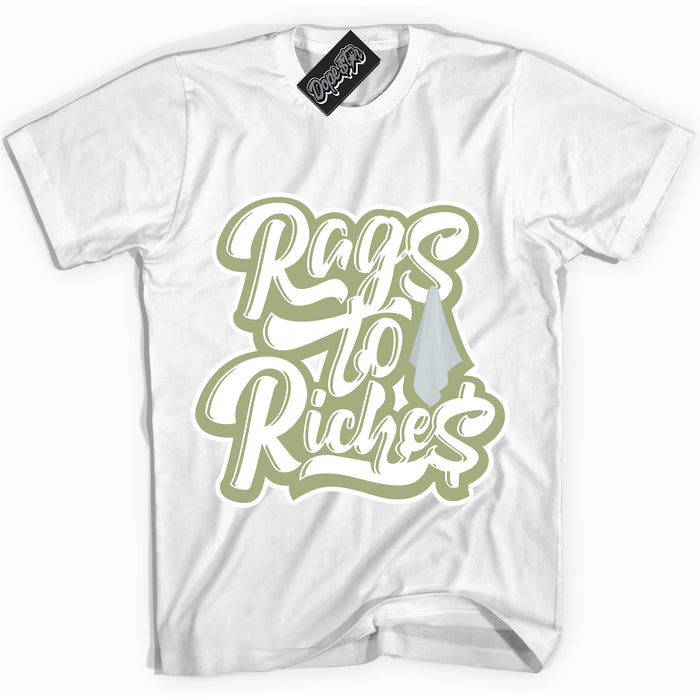 Cool White Shirt with “ Rags To Riches ” design that perfectly matches Safari Oil Green Dunk.
