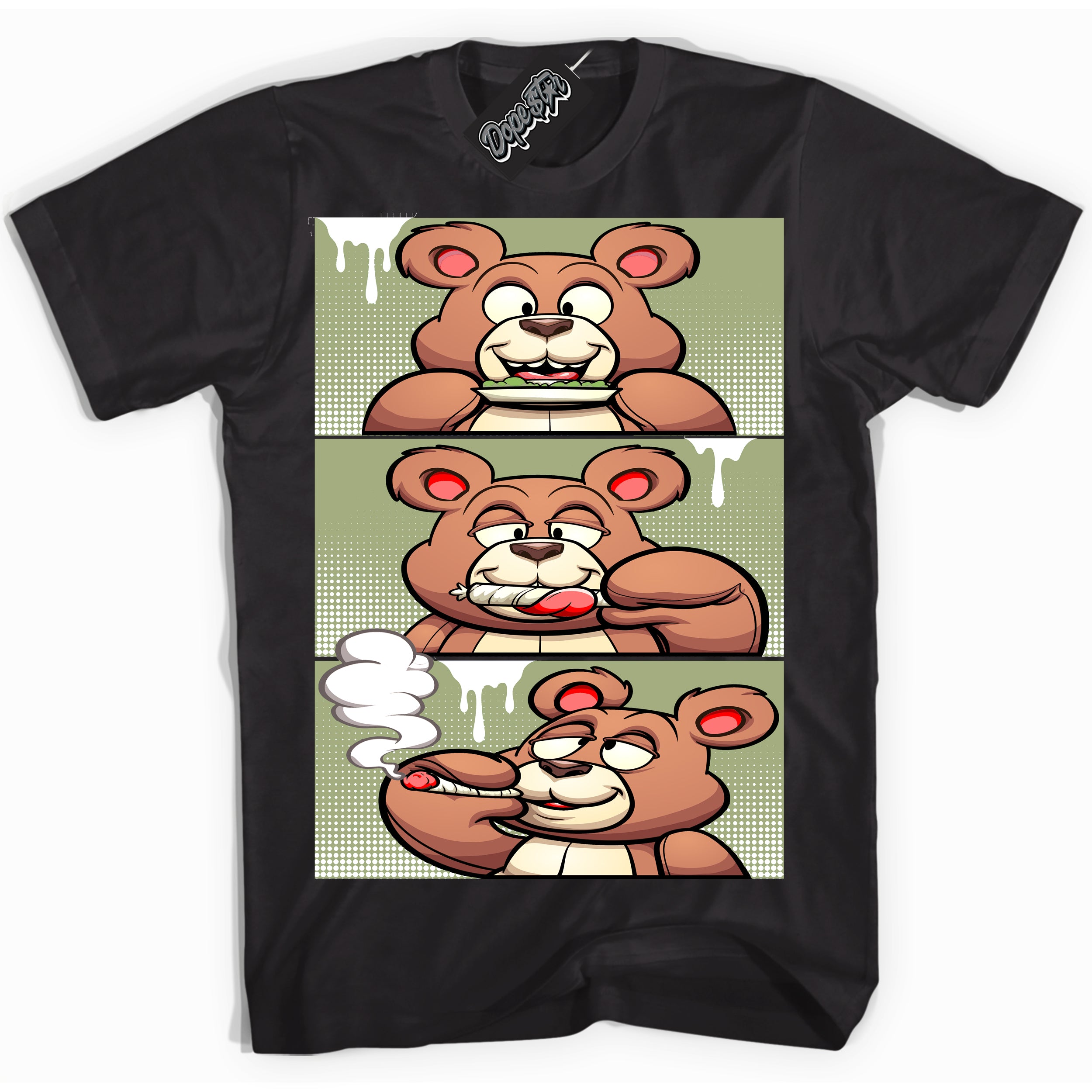 Cool Black Shirt with “ Roll It Lick It Smoke It Bear ” design that perfectly matches Safari Oil Green Dunk.
