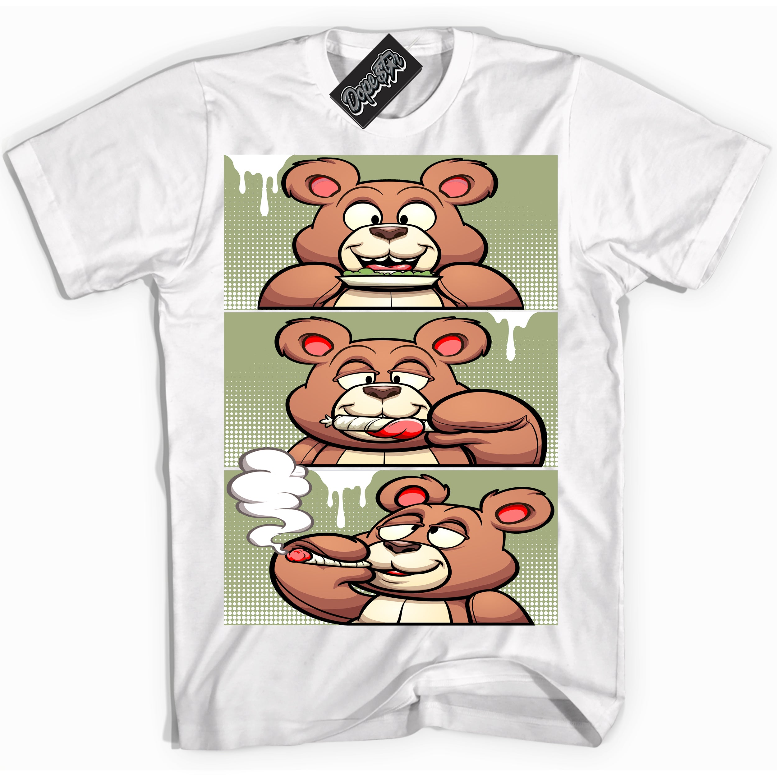 Cool White Shirt with “ Roll It Lick It Smoke It Bear ” design that perfectly matches Safari Oil Green Dunk.
