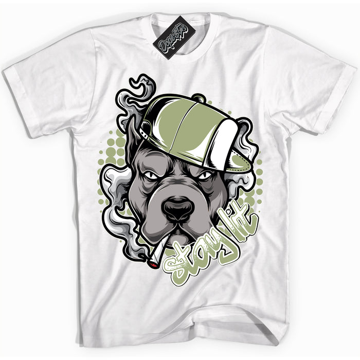 Cool White Shirt with “ Stay Lit ” design that perfectly matches Safari Oil Green Dunk.
