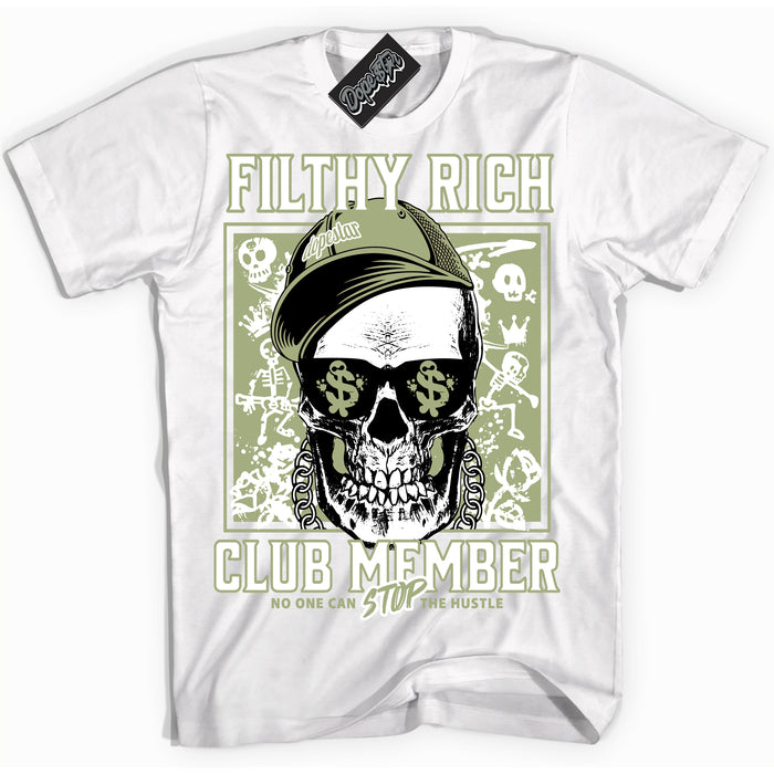 Cool White Shirt with “ Filthy Rich” design that perfectly matches Safari Oil Green Sneakers.