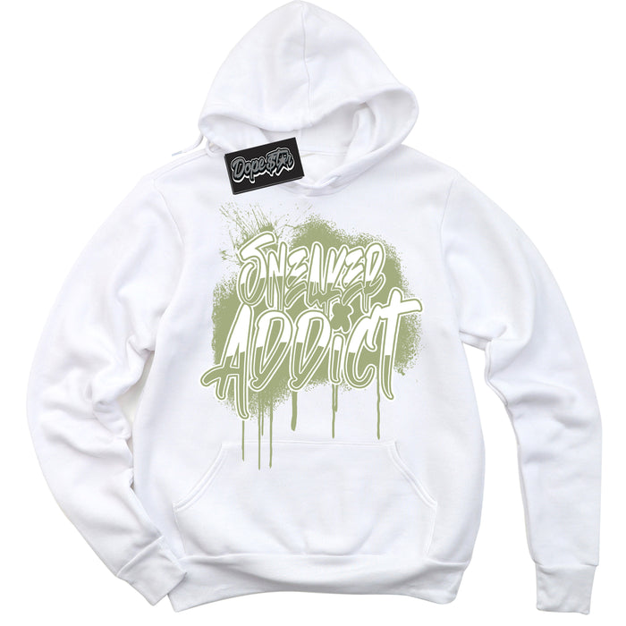 Cool White Hoodie with “ Sneaker Addict ”  design that Perfectly Matches Safari Oil Green Dunk.
