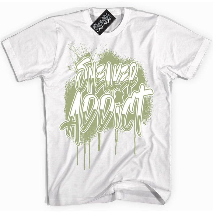 Cool White Shirt with “ Sneaker Addict ” design that perfectly matches Safari Oil Green Dunk.
