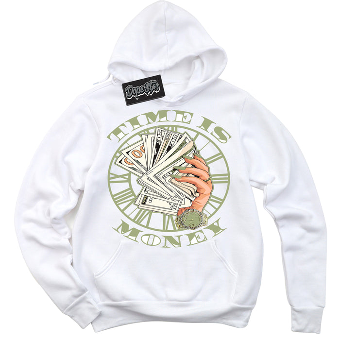 Cool White Hoodie with “ Time Is Money ”  design that Perfectly Matches Safari Oil Green Dunk.
