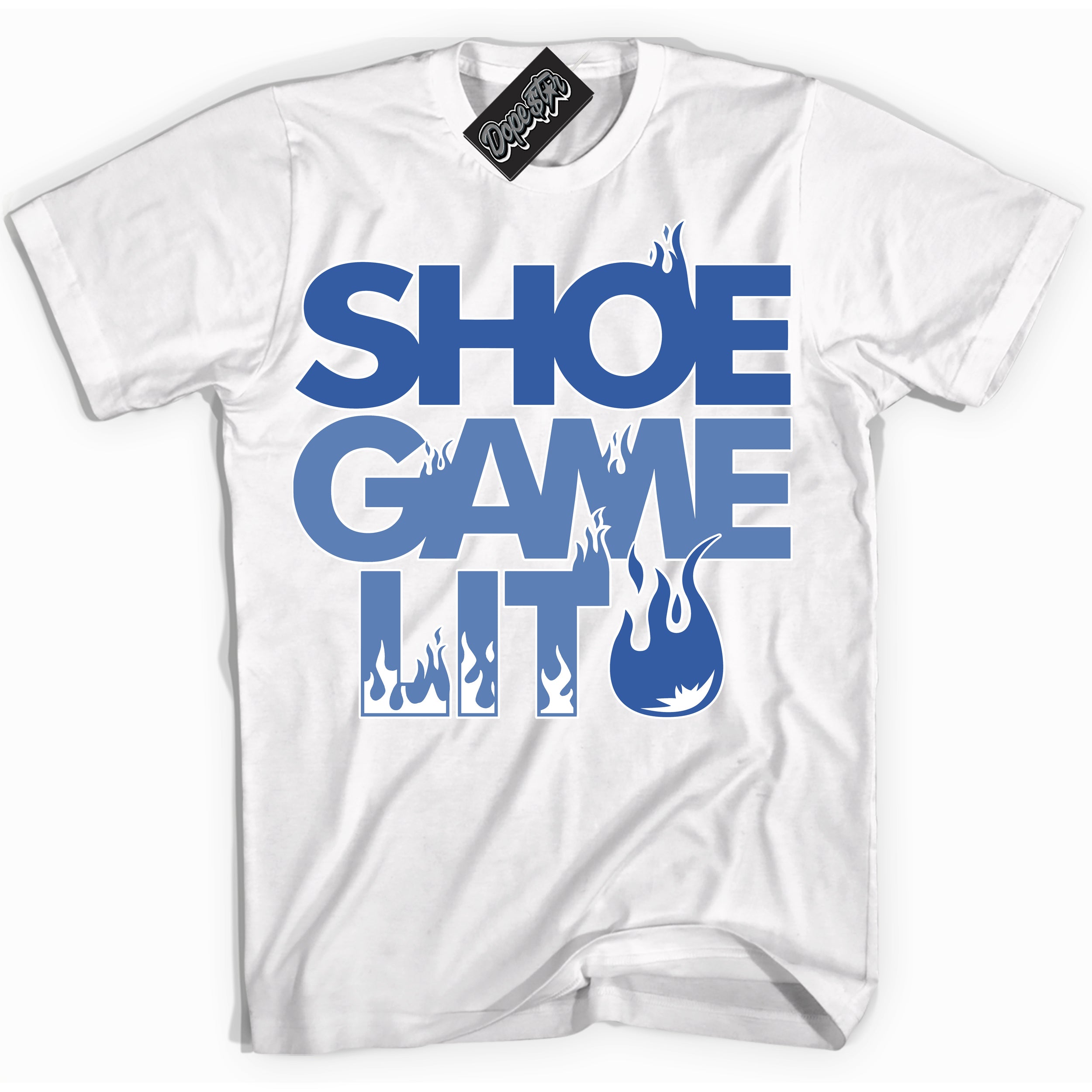 Cool White Shirt with “ Shoe Game Lit ” design that perfectly matches Twist University Blue Sneakers.