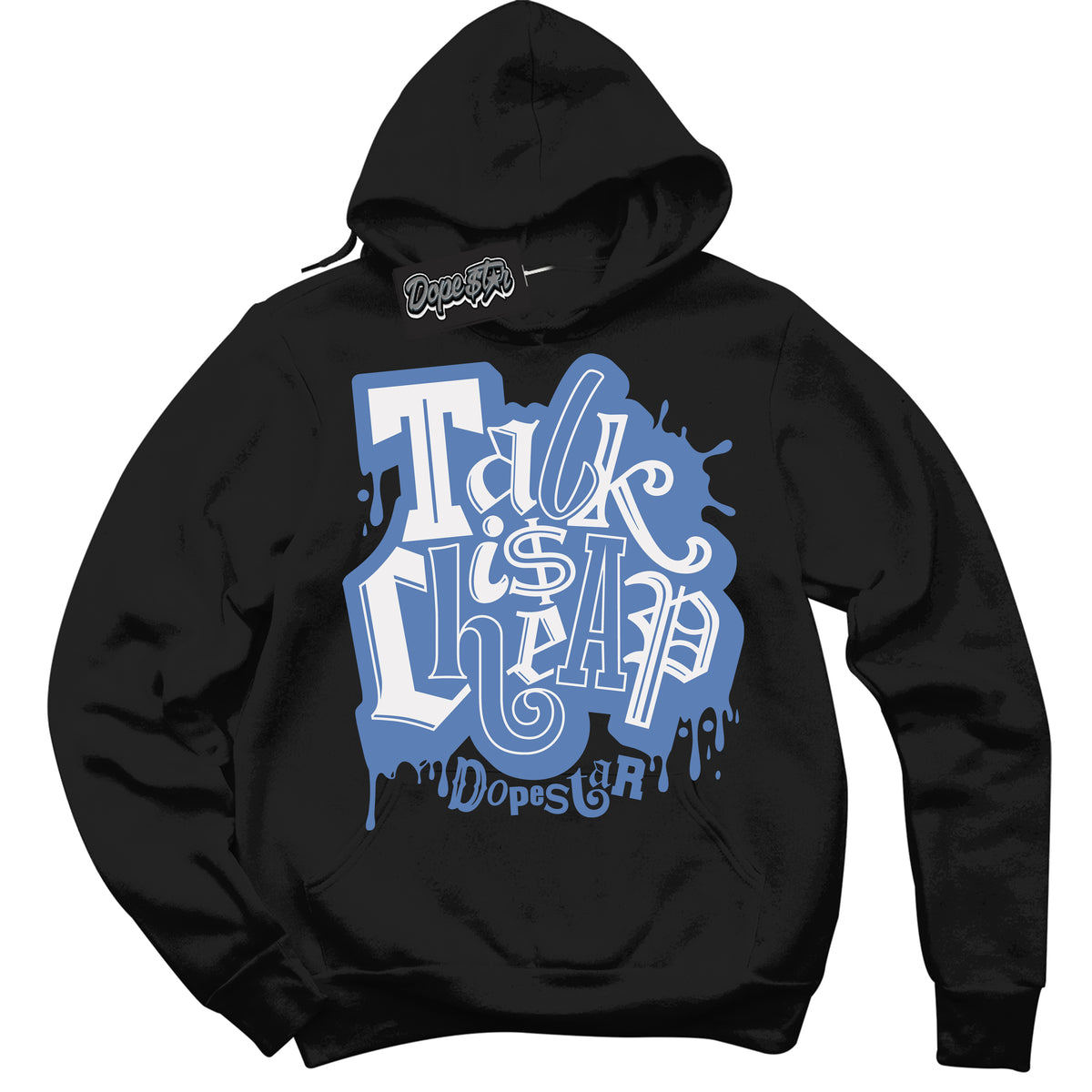 Cool Black Hoodie with “ Talk Is Cheap ”  design that Perfectly Matches Twist University Blue Sneakers.