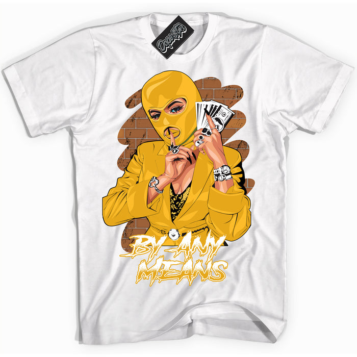 Cool White Shirt with “ By Any Means ” design that perfectly matches White University Gold Sneakers.