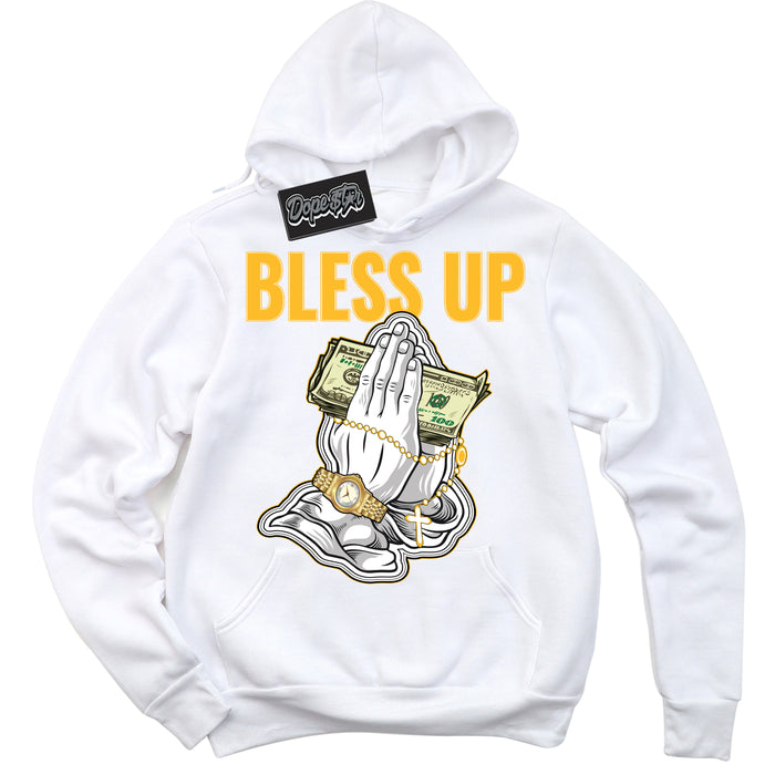 Cool White Hoodie with “ Bless Up '' design that Perfectly Matches  White University Gold Sneakers.