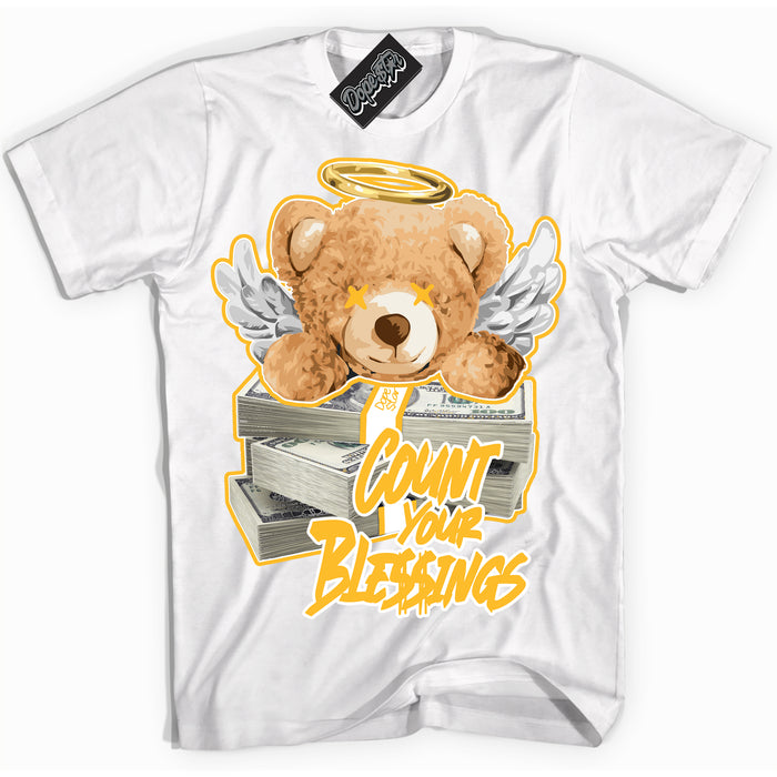 Cool White Shirt with “ Count Your Blessings ” design that perfectly matches White University Gold Sneakers.
