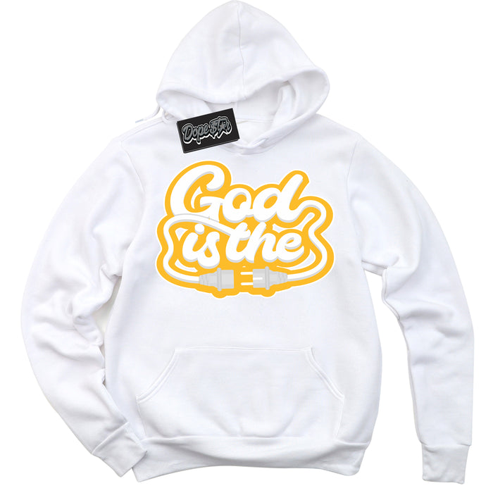 Cool White Hoodie with “ God Is The '' design that Perfectly Matches  White University Gold Sneakers.