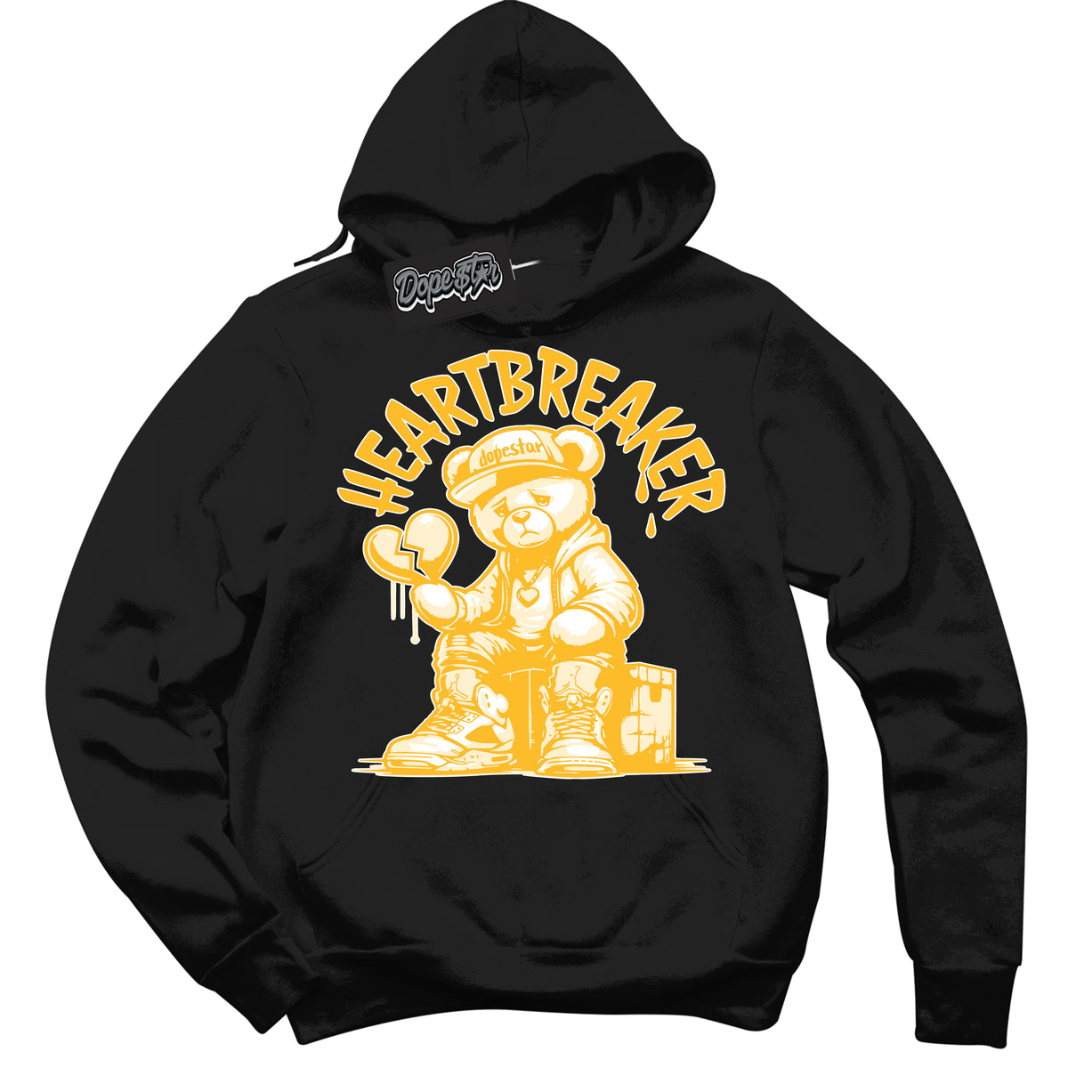 Cool Black Hoodie with “ Heartbreaker Bear '' design that Perfectly Matches  White University Gold Sneakers.