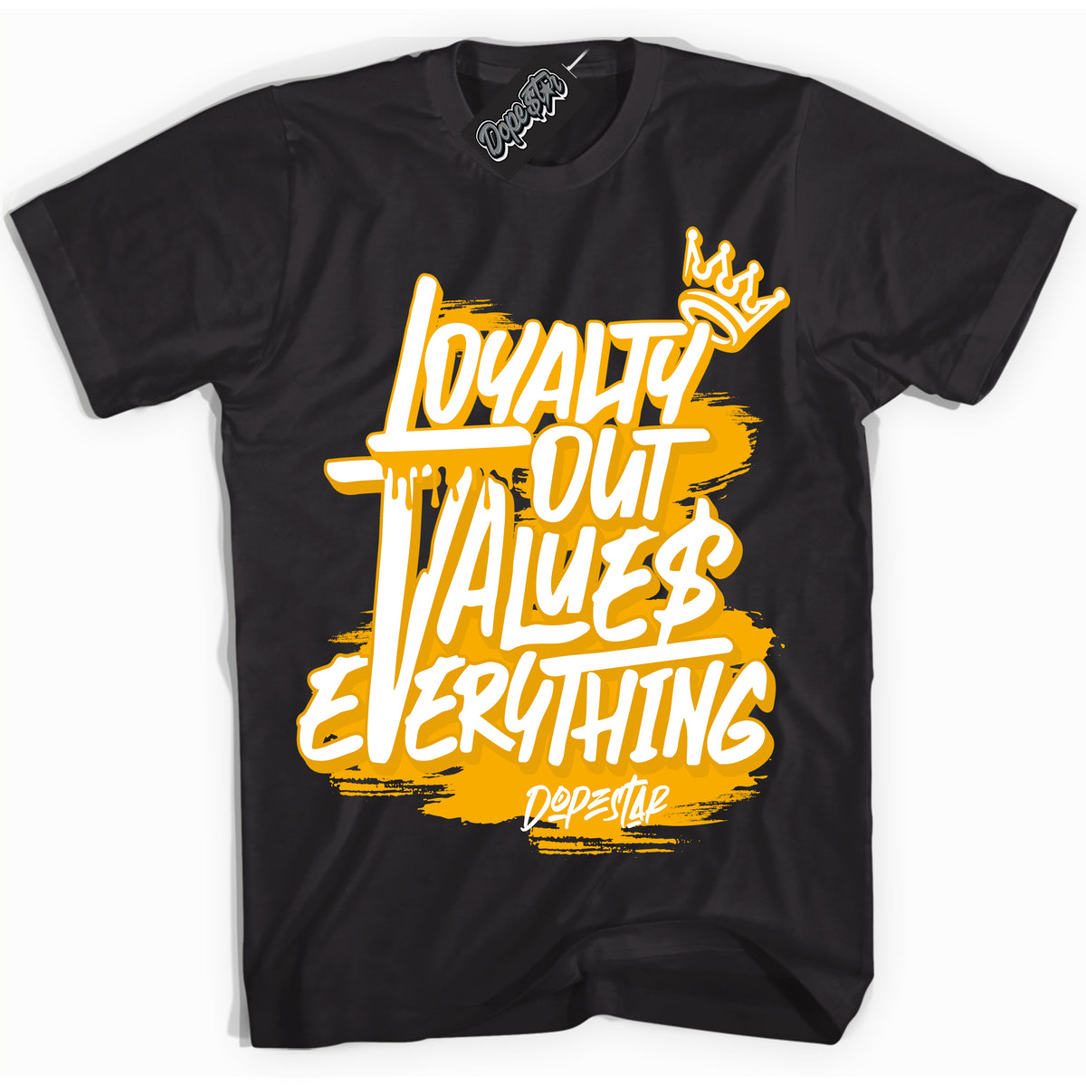Cool Black Shirt with “ Loyalty Out Values Everything ” design that perfectly matches White University Gold Sneakers.