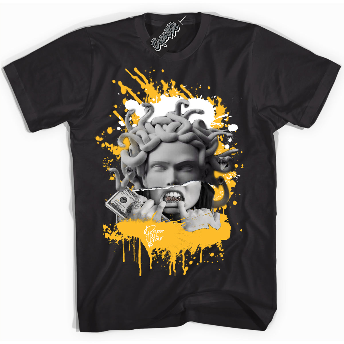 Cool Black Shirt with “ Medusa ” design that perfectly matches White University Gold Sneakers.