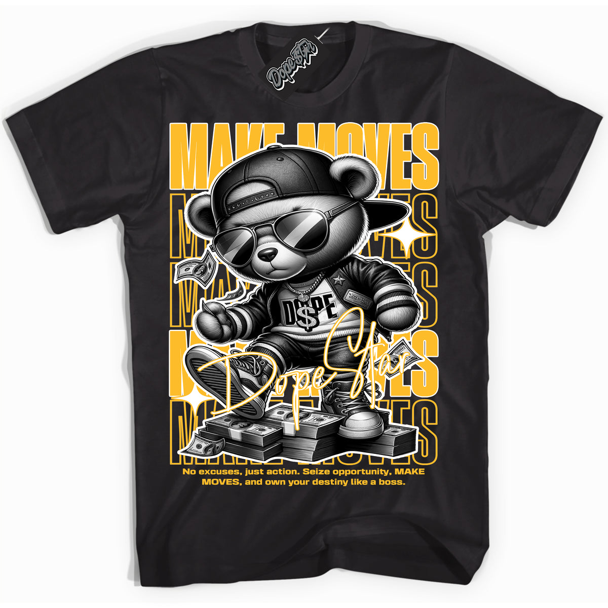 Cool Black Shirt with “ Makin Moves” design that perfectly matches White University Gold Sneakers.